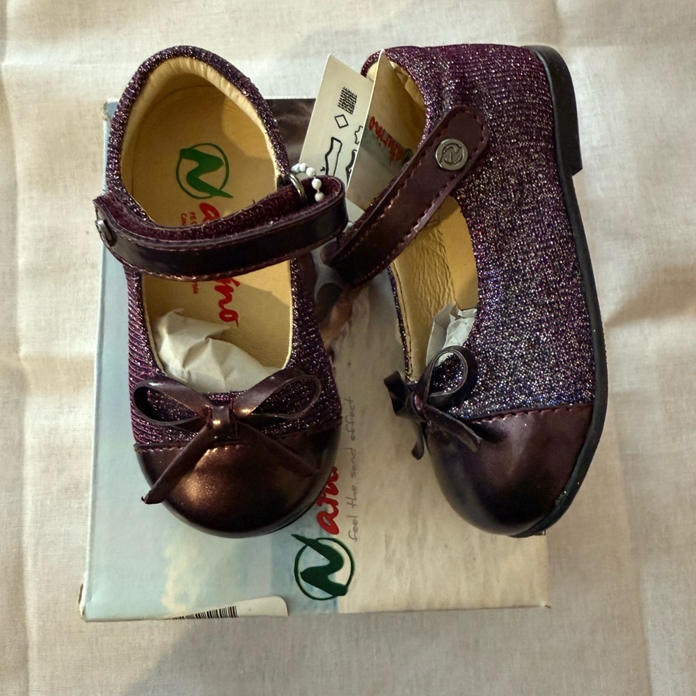 New Naturino Melanzana shoes Mary Jane Velcro purple iridescent bow glitter 20 5